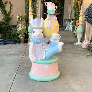 Huge Easter Mad Hatter bunny rabbit juggling tea cups balancing 3ft tall